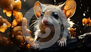 Cute small mammal, fluffy fur, playful mouse sitting in tree generated by AI