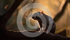 Cute small mammal sitting on branch, looking at outdoors generated by AI