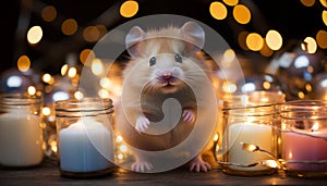Cute small mammal sitting near glowing candle, celebrating Christmas night generated by AI