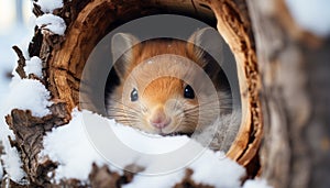 Cute small mammal sitting in snow, looking at camera generated by AI