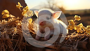Cute small piglet looking at fluffy yellow baby chicken generated by AI