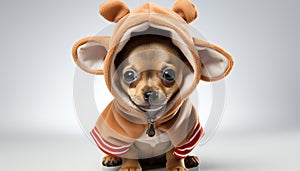 A cute small puppy in a costume looking at the camera generated by AI