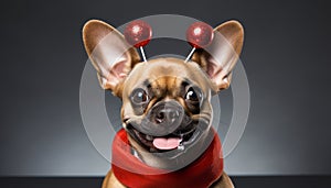 Cute small puppy in costume, looking at camera, playful generated by AI