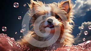 Cute small puppy, fluffy fur, playful terrier, looking at camera generated by AI