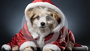 Cute small puppy looking at camera in winter costume generated by AI