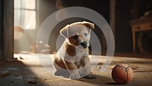 Cute small puppy playing with toy, looking at camera indoors generated by AI