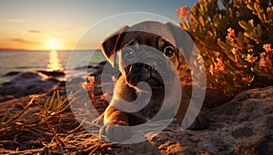 A cute small puppy sitting in the grass at sunset generated by AI