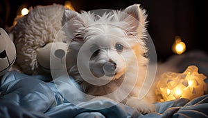 Cute small puppy sitting, looking at camera, indoors, cheerful and playful generated by AI
