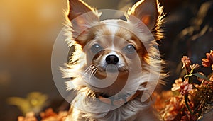 Cute small puppy sitting outdoors, looking at camera with curiosity generated by AI