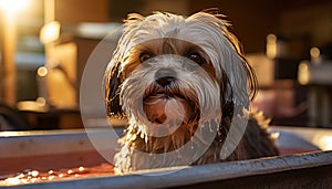 Cute small puppy sitting in water, looking at camera generated by AI