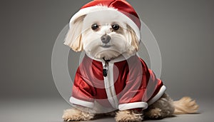 Cute small puppy in winter costume looking at camera generated by AI