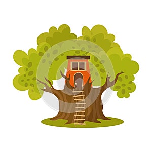 Cute small red treehouse with two windows and stairs. Vector illustration in flat cartoon style