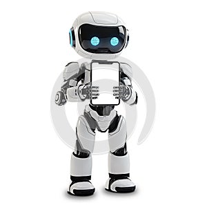 Cute small robot showing a digital tablet isolated on transparent background