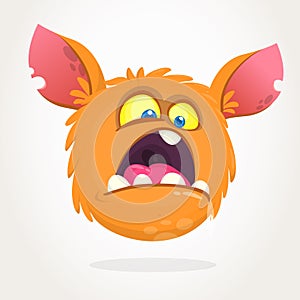 Cute small scared cartoon monster. Satisfied orange monster emotion. Halloween vector illustration