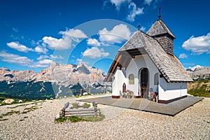 Small Antonius chapel near Pralongia shelter, Dolomites, Italy photo
