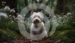 Cute small terrier puppy sitting on grass, looking at camera generated by AI