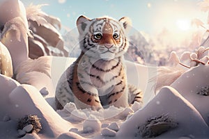 Cute small tiger cub in snow in the sunshine. Kids book fantasy illustration