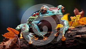 A cute, small toad sitting on a wet leaf generated by AI