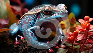 A cute, small toad sitting on a wet leaf generated by AI