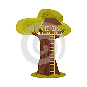 Cute small treehouse with stairs. Vector illustration in flat cartoon style