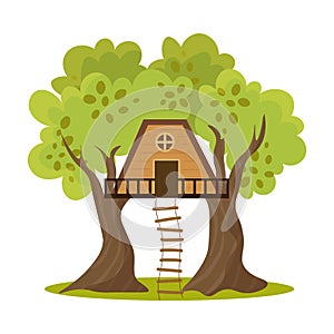 Cute small treehouse between two trees with stairs. Vector illustration in flat cartoon style