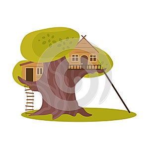 Cute small two treehouses with stairs. Vector illustration in flat cartoon style