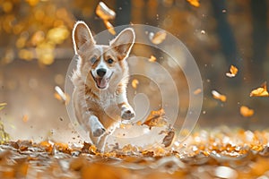 Cute small welsh corgi pembroke puppy running outdoor in autumn field. Happy smiling dog. Funny pet