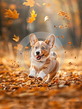 Cute small welsh corgi pembroke puppy running outdoor in autumn field. Happy smiling dog. Funny pet