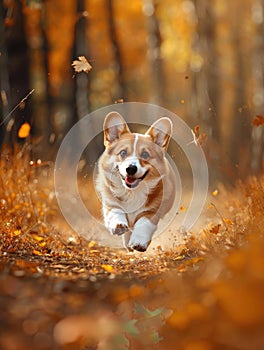 Cute small welsh corgi pembroke puppy running outdoor in autumn field. Happy smiling dog. Funny pet