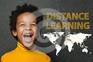 Cute smart African American child boy. Advance distance learning