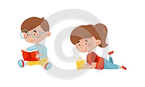 Cute smart boy and girl reading book set. Elementary school students with books. Kids education cartoon vector