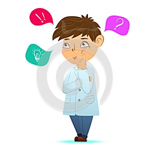 Cute smart boy is thinking over a problem. Scientist boy thought. Cartoon character, mascot