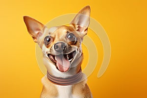 Cute and smart dog looking surprised at camera with space for text on vibrant orange background