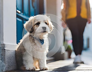 Cute smart domestic dog waiting owner. Deep sad look of a pet