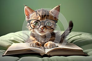 cute smart kitten wearing glasses reading a book, isolated on a white background