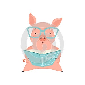 Cute smart little pig reading a book, funny piglet cartoon character vector Illustration on a white background