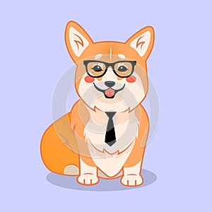 Cute smart sitting smiling corgi dog with glasses and tie vector cartoon illustration. Kawai corgi puppy print. Isolated on lilac