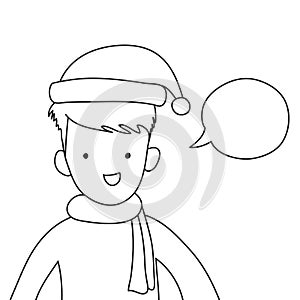 Cute smile boy put santa hat and scarf with speech bubble hand d