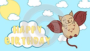 Cute smile cat owl fantasy adorable cartoon drawn animal, on blue sky background with sun light and white clouds for birthday