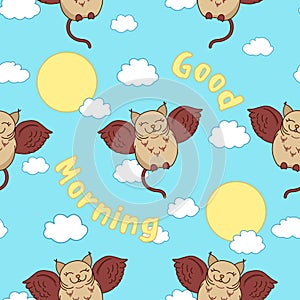 Cute smile cat owl fantasy adorable cartoon drawn animal, on blue sky background with sun light and white clouds, editable vector