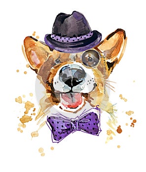 Cute smile dog watercolor illustration. Corgi breed