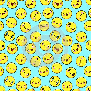 Cute smiley face seamless pattern background. emoticons emoji. Flat design Vector