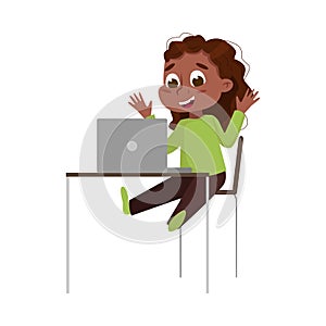 Cute Smiling African American Girl Using Laptop Computer at Desk, Online Education or Courses, Kid Programmer Character