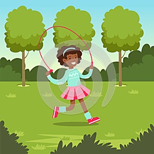 Cute smiling african girl jumping with skipping rope in the park, kids outdoor activity vector illustration