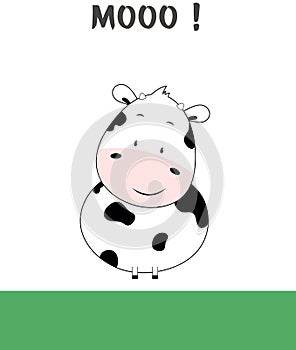 Cute Smiling Baby Cow Standing by Green Grass and Saying Moo Illustration