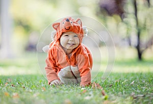 Cute smiling baby girl dressed in fox costume crawling on lawn in park