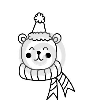 Cute smiling bear in a hat with a pompom and a scarf