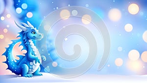 Cute smiling blue dragon on a light blurred snowy forest background. Winter holidays, New Year 2024 greeting card concept