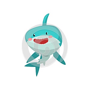Cute smiling blue shark cartoon character vector Illustration on a white background