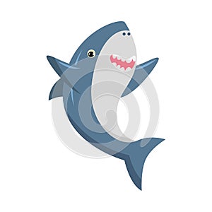 Cute smiling blue shark with sharp teeth. Vector illustration isolated on white background